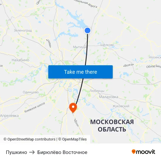 Пушкино to Бирюлёво Восточное map