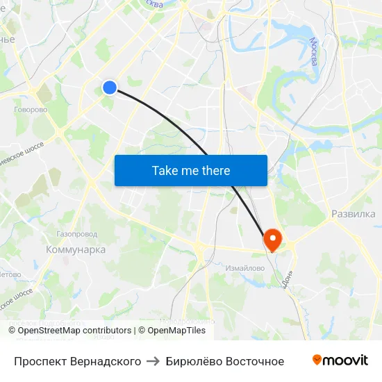 Проспект Вернадского to Бирюлёво Восточное map