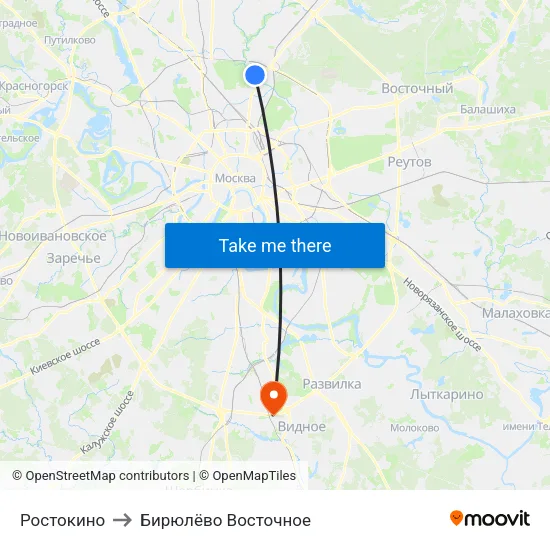 Ростокино to Бирюлёво Восточное map