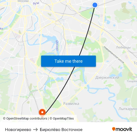 Новогиреево to Бирюлёво Восточное map