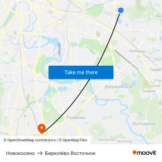 Новокосино to Бирюлёво Восточное map