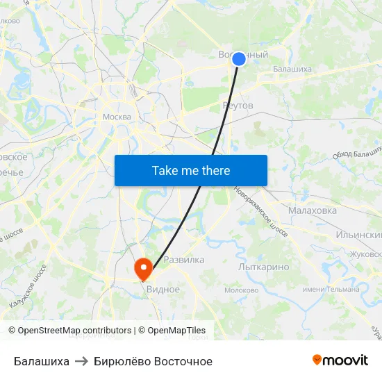 Балашиха to Бирюлёво Восточное map