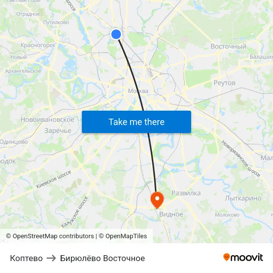 Коптево to Бирюлёво Восточное map