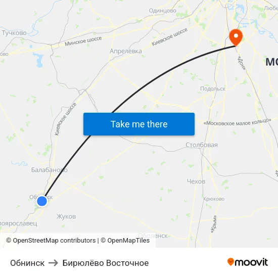 Обнинск to Бирюлёво Восточное map