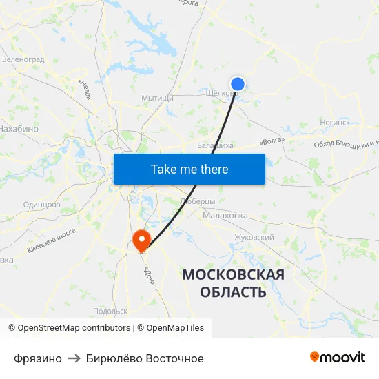 Фрязино to Бирюлёво Восточное map
