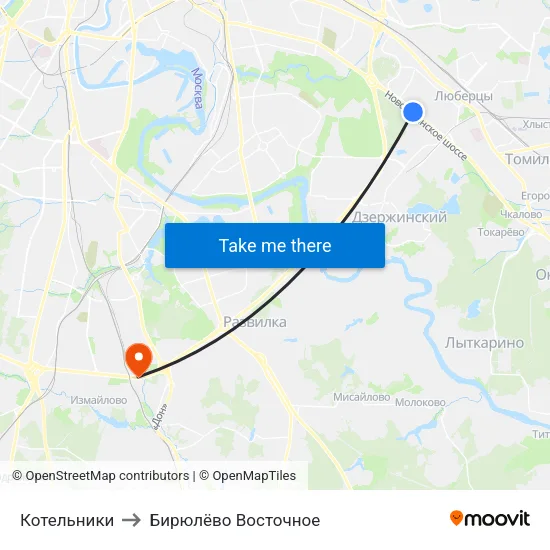 Котельники to Бирюлёво Восточное map