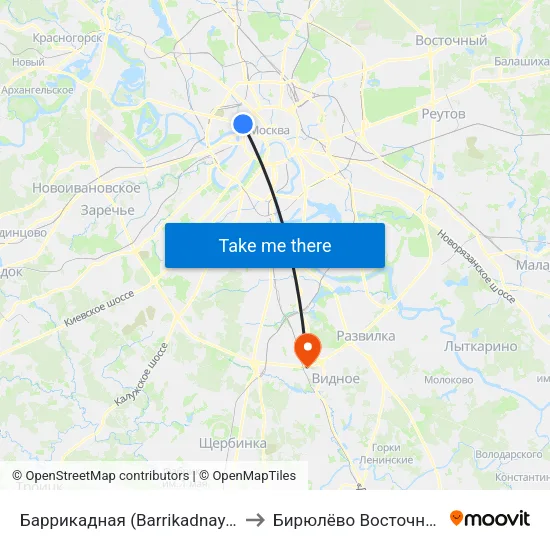 Баррикадная (Barrikadnaya) to Бирюлёво Восточное map