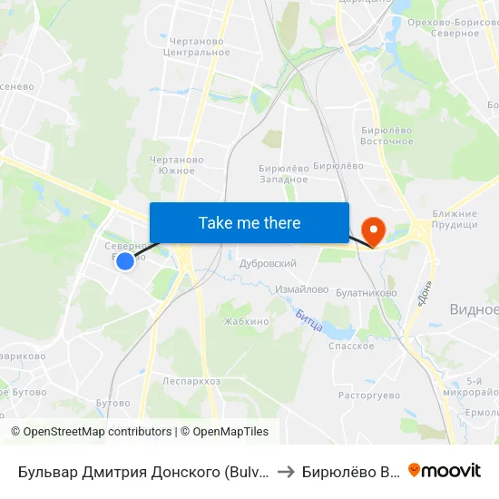 Бульвар Дмитрия Донского (Bulvar Dmitriya Donskogo) to Бирюлёво Восточное map