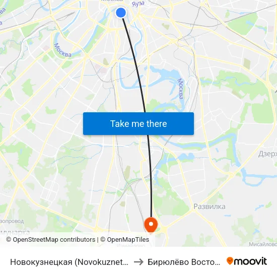 Новокузнецкая (Novokuznetskaya) to Бирюлёво Восточное map