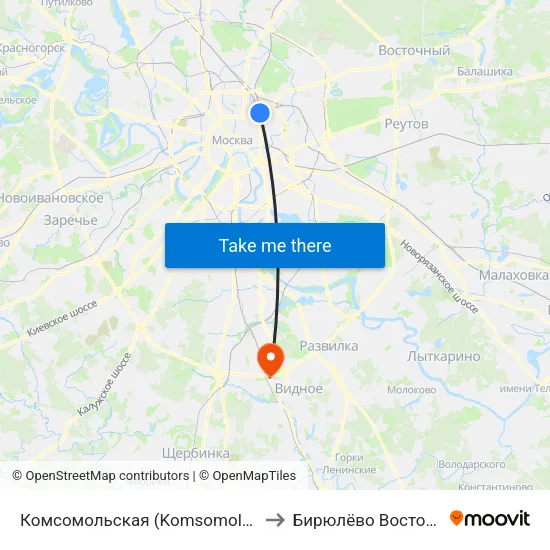 Комсомольская (Komsomolskaya) to Бирюлёво Восточное map