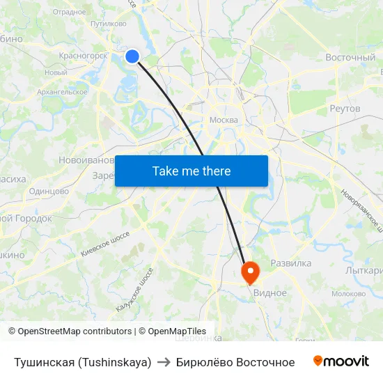 Тушинская (Tushinskaya) to Бирюлёво Восточное map