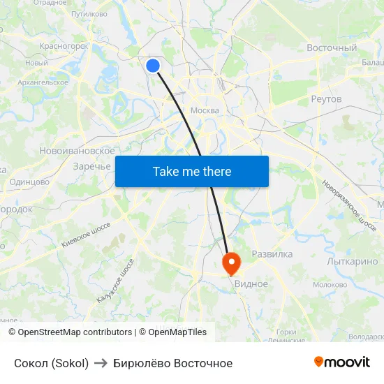 Сокол (Sokol) to Бирюлёво Восточное map