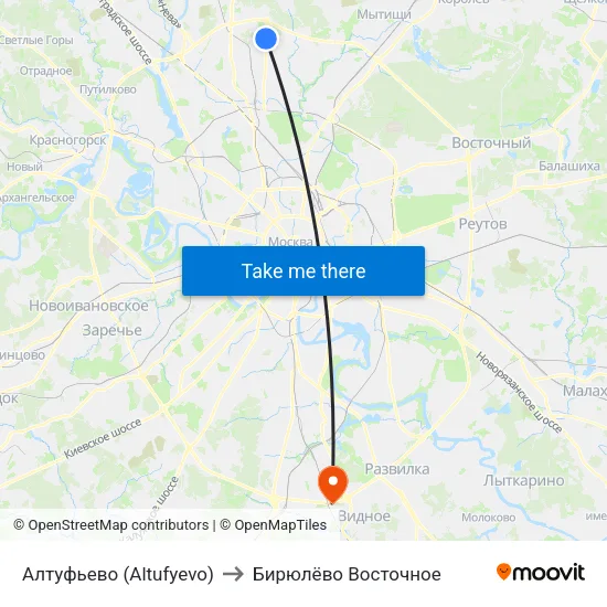 Алтуфьево (Altufyevo) to Бирюлёво Восточное map