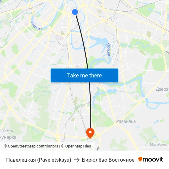 Павелецкая (Paveletskaya) to Бирюлёво Восточное map