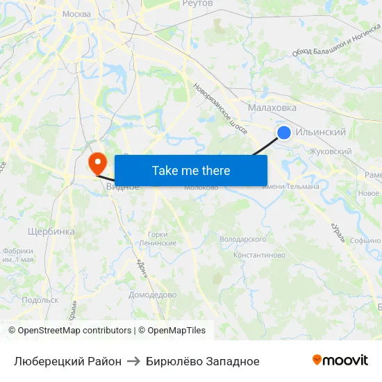 Люберецкий Район to Бирюлёво Западное map