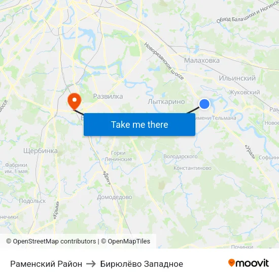 Раменский Район to Бирюлёво Западное map