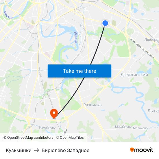 Кузьминки to Бирюлёво Западное map