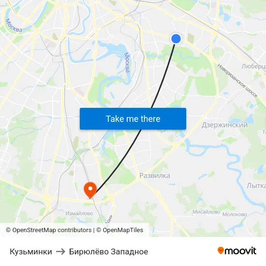 Кузьминки to Бирюлёво Западное map