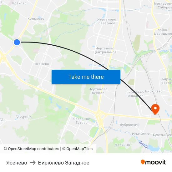 Ясенево to Бирюлёво Западное map