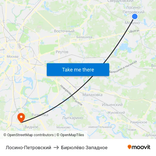 Лосино-Петровский to Бирюлёво Западное map