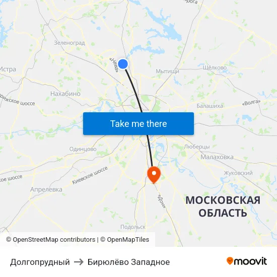 Долгопрудный to Бирюлёво Западное map