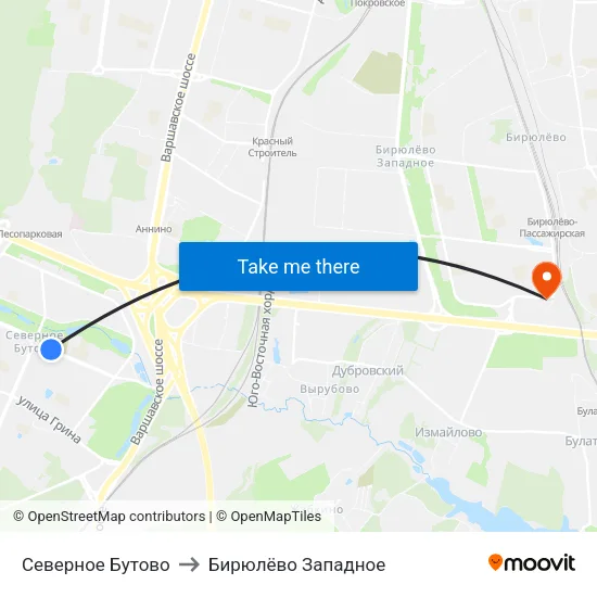Северное Бутово to Бирюлёво Западное map
