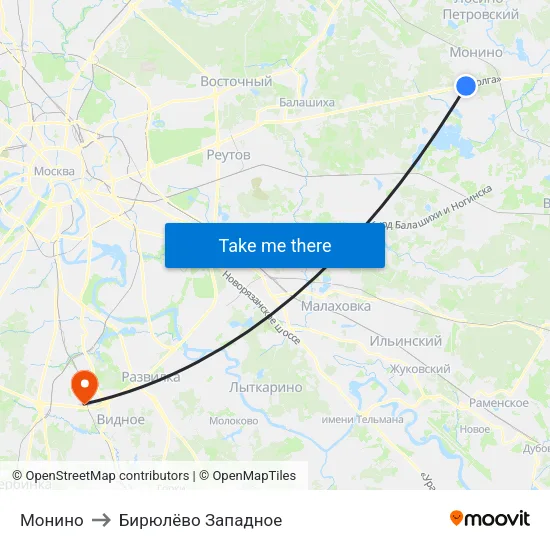 Монино to Бирюлёво Западное map