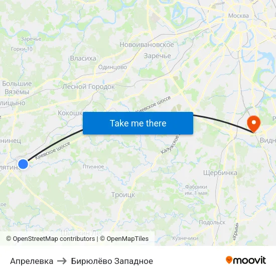 Апрелевка to Бирюлёво Западное map