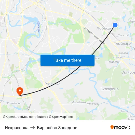 Некрасовка to Бирюлёво Западное map