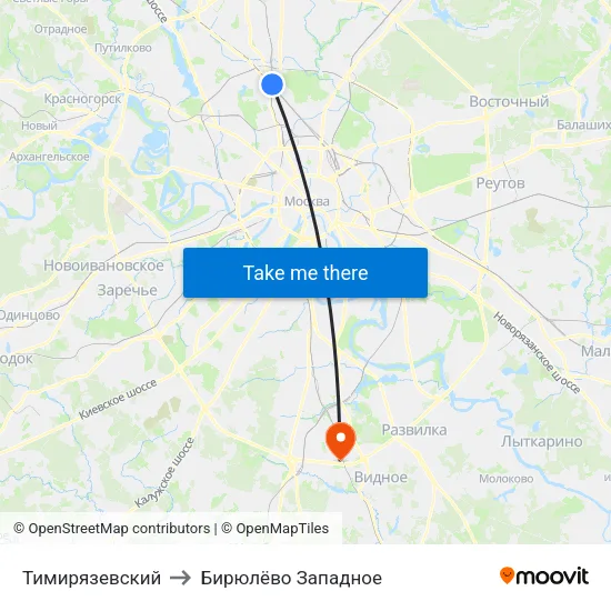 Тимирязевский to Бирюлёво Западное map
