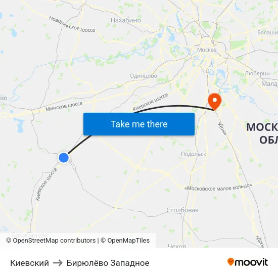 Киевский to Бирюлёво Западное map