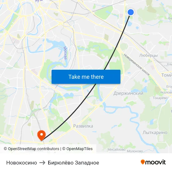 Новокосино to Бирюлёво Западное map