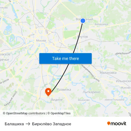 Балашиха to Бирюлёво Западное map