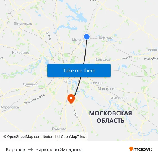 Королёв to Бирюлёво Западное map