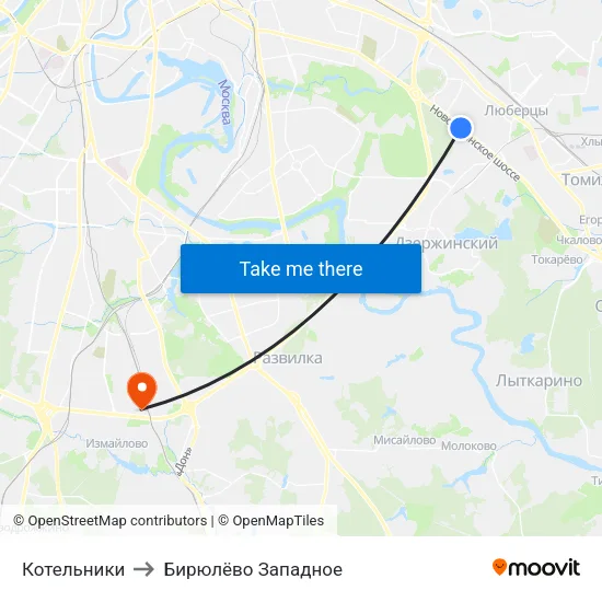 Котельники to Бирюлёво Западное map