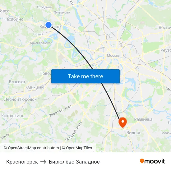 Красногорск to Бирюлёво Западное map
