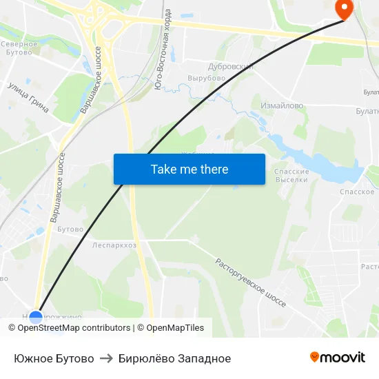 Южное Бутово to Бирюлёво Западное map