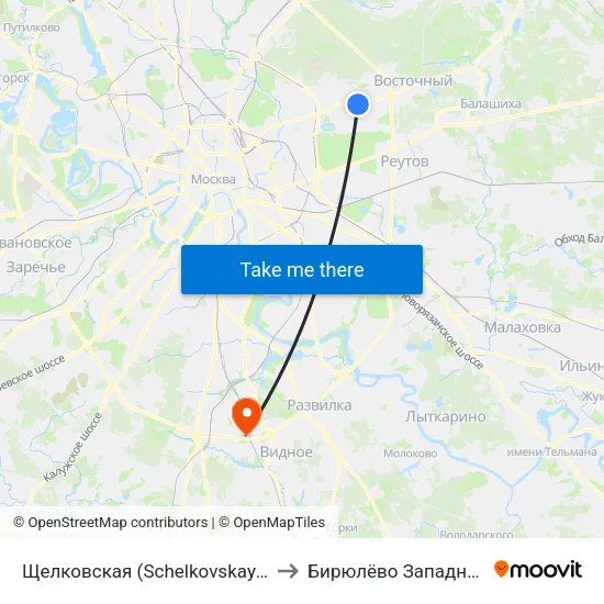 Щелковская (Schelkovskaya) to Бирюлёво Западное map