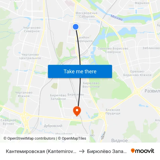 Кантемировская (Kantemirovskaya) to Бирюлёво Западное map