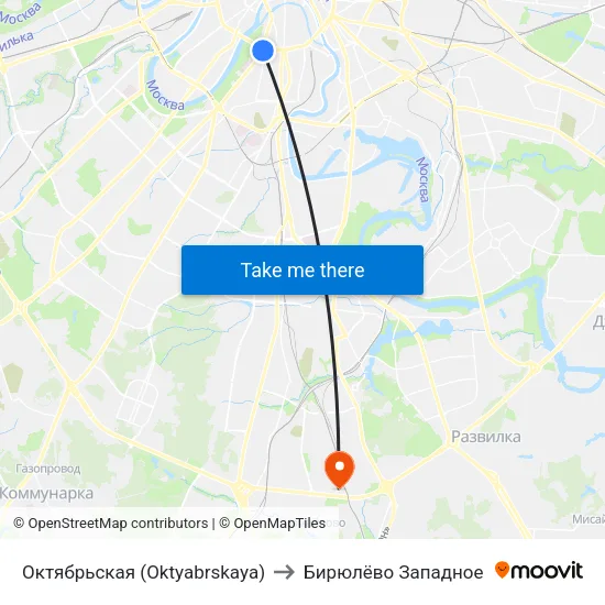 Октябрьская (Oktyabrskaya) to Бирюлёво Западное map