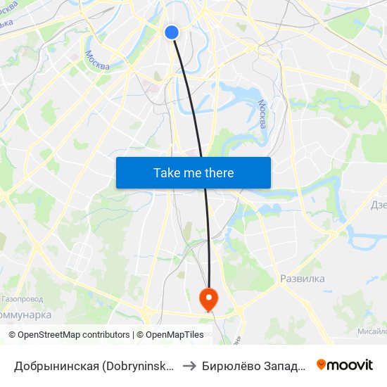 Добрынинская (Dobryninskaya) to Бирюлёво Западное map