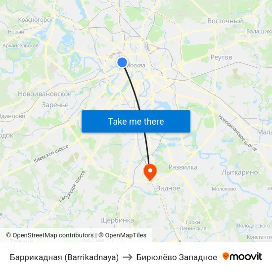 Баррикадная (Barrikadnaya) to Бирюлёво Западное map