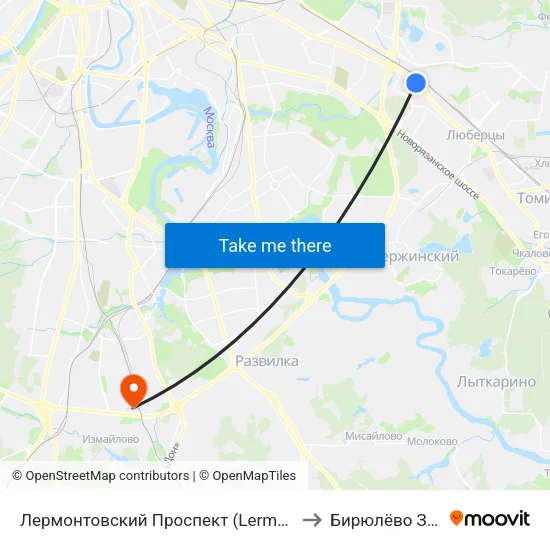 Лермонтовский Проспект (Lermontovsky Prospekt) to Бирюлёво Западное map