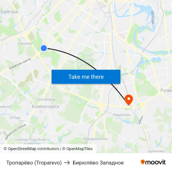 Тропарёво (Troparevo) to Бирюлёво Западное map
