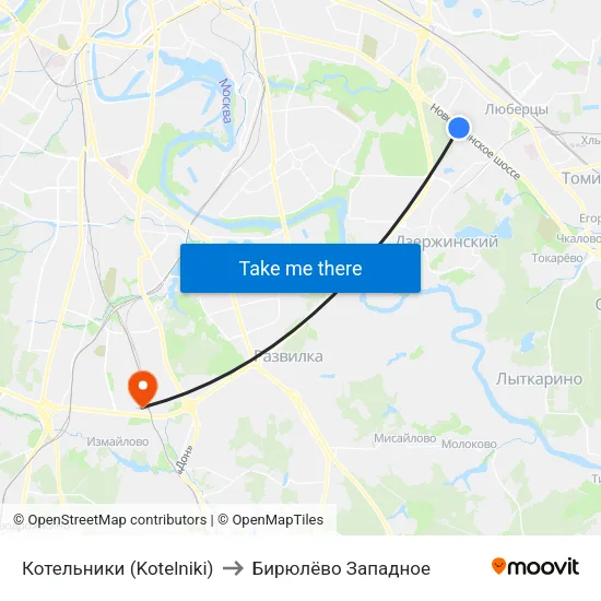Котельники (Kotelniki) to Бирюлёво Западное map