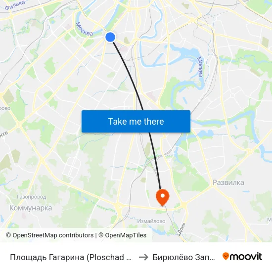 Площадь Гагарина (Ploschad Gagarina) to Бирюлёво Западное map