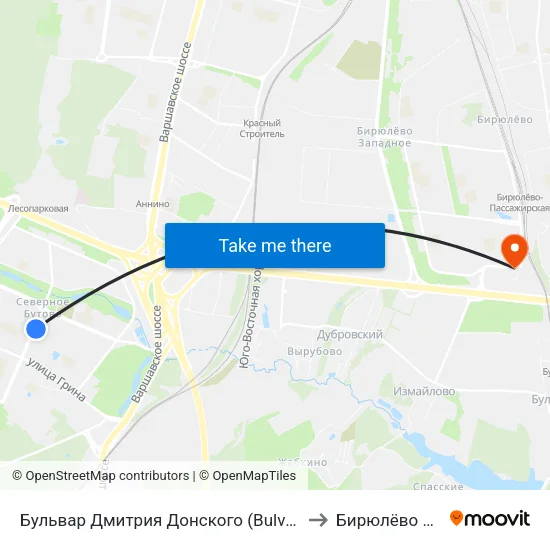 Бульвар Дмитрия Донского (Bulvar Dmitriya Donskogo) to Бирюлёво Западное map
