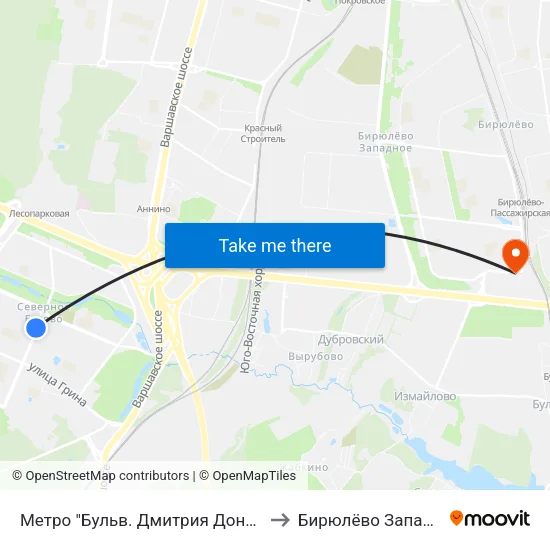 Метро "Бульв. Дмитрия Донского" to Бирюлёво Западное map