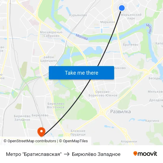 Метро "Братиславская" to Бирюлёво Западное map