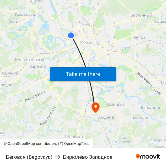 Беговая (Begovaya) to Бирюлёво Западное map